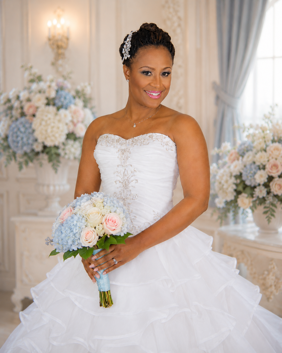 Elegant bridal portrait with bouquet and floral studio setting