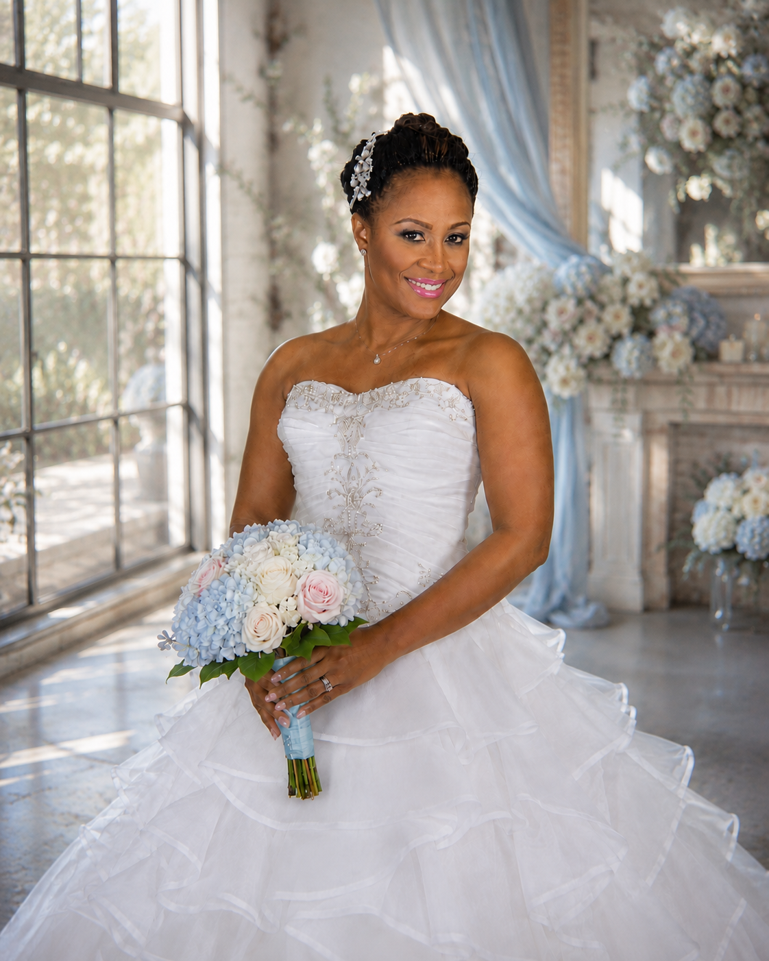 Bride holding a pastel bouquet in a softly lit bridal portrait