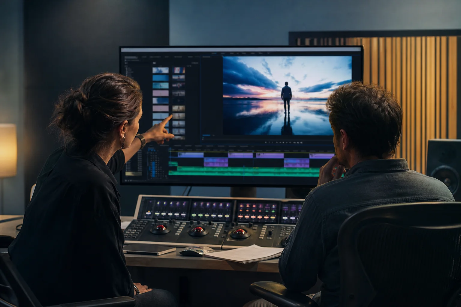 Editor and director reviewing a video project