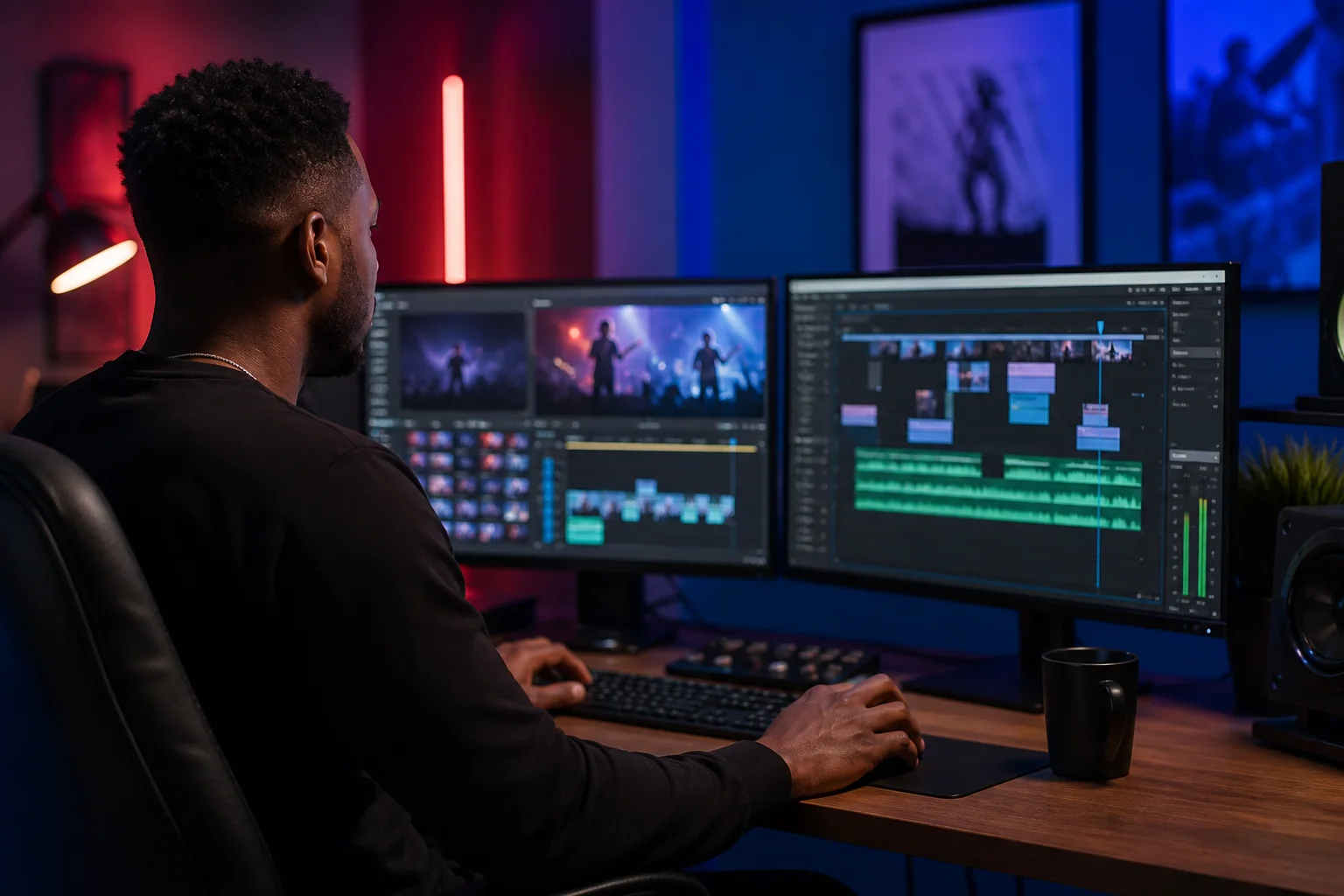 Houston video editor working in a professional post-production suite